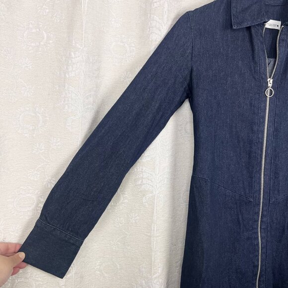 Zara zippered dark denim column midi dress 2-way zip 100% cotton long sleeve - Picture 4 of 10